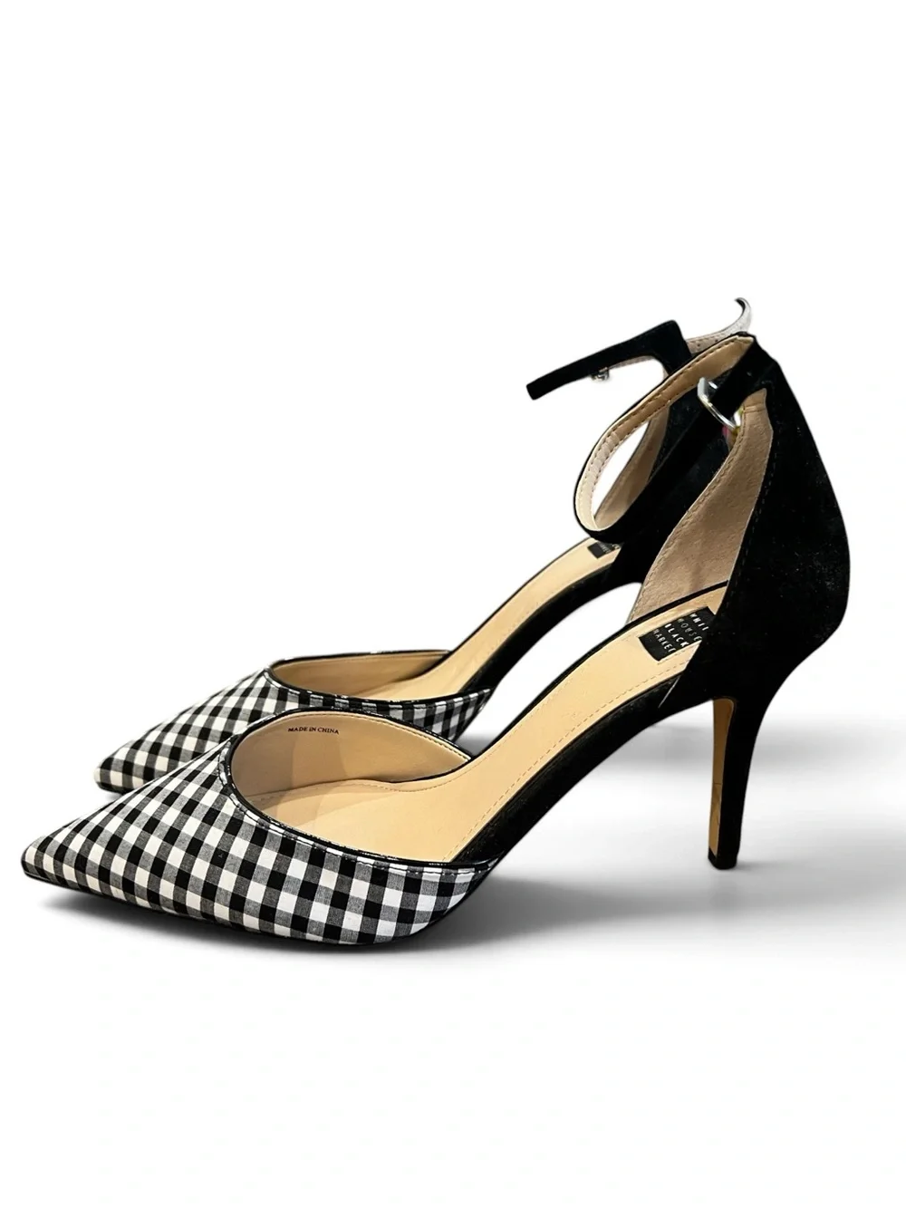 White House Black Market Gianna Gingham Ankle Strap Pumps 8.5 Black White